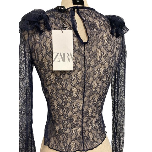 Zara Navy Lace Ruffle Long Sleeve Blouse S - Picture 8 of 10